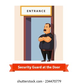 Security Guard Or Bouncer Working At The Door. Flat Illustration. EPS 10 Vector.