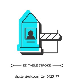 Security guard cabin offset shadow line icon. Entry checkpoint with barrier. Professional protection service. Bold outline symbol with solid blue fill. Modern flat illustration. Editable stroke