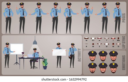 Security Guard character Set. Collection of character body Poses, facial gestures, Security activities and Lip syncs poses. Ready-to-use and animate, character set. Vector illustration.