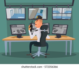Security guard character watching cameras. Vector flat cartoon illustration