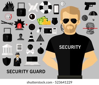 Security guard concept background. Flat icons.