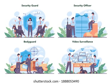 Security guard concept set. Surveillance and ptrotection idea. Bodyguard in uniform guiding a client for a safety. Guard department monitoring a cctv. Vector flat illustration