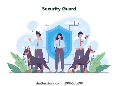 Security guard concept set. Surveillance and ptrotection idea. Bodyguard in uniform guiding a client for a safety. Guard department monitoring a cctv. Vector flat illustration