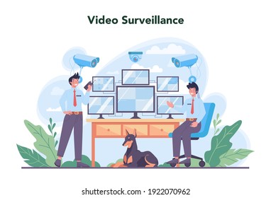 Security guard concept set. Surveillance and ptrotection idea. Bodyguard in uniform guiding a client for a safety. Guard department monitoring a cctv. Vector flat illustration