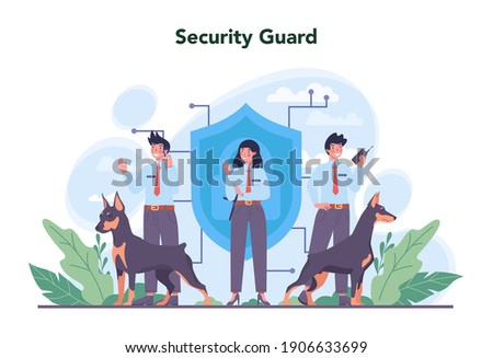 Security guard concept set. Surveillance and ptrotection idea. Bodyguard in uniform guiding a client for a safety. Guard department monitoring a cctv. Vector flat illustration