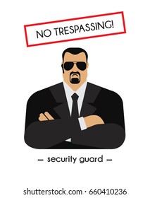 Security guard with crossed hands in suit. Vector illustration, flat design.