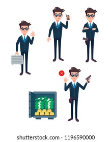 Security guard in a dark suit. Character creation set. Full length, different emotions, gestures, equipment. Flat design, cartoon style infographic illustration