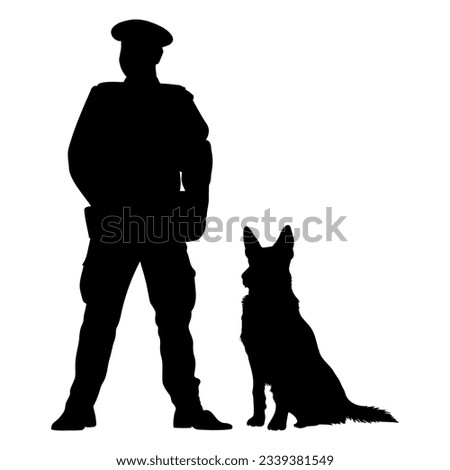 Security guard and dog standing silhouette. vector illustration