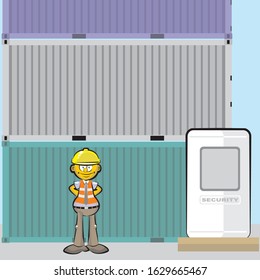 Security guard guarding the containers at the port, standing next to guard house. Security guard with reflective clothing and safety helmet in port facilities. Vector illustration in cartoon style.