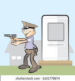 Security guard with a gun in his hand performing a patrol in front of the guardhouse. Vector illustration in cartoon style, available in EPS 10.