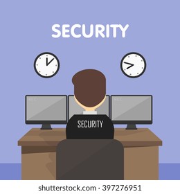 Security guard at his workplace watching monitors. Sitting back in the frame. On the wall hang the clock. Vector illustration in a flat style.