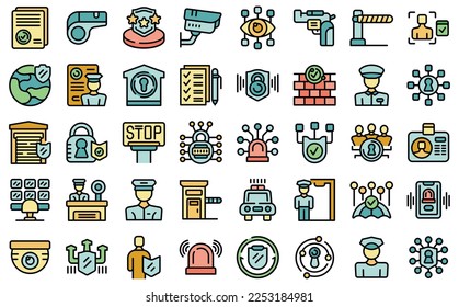 Security guard icons set outline vector. Police standing. Man guard color line flat isolated on white