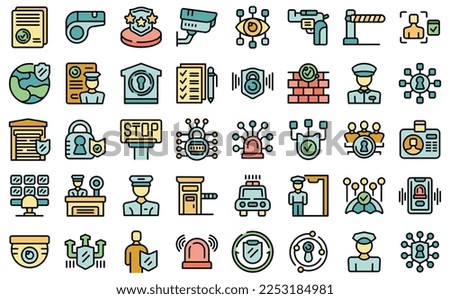Security guard icons set outline vector. Police standing. Man guard color line flat isolated on white