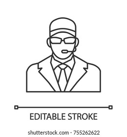 Security guard linear icon. Bodyguard. Thin line illustration. Contour symbol. Vector isolated outline drawing. Editable stroke