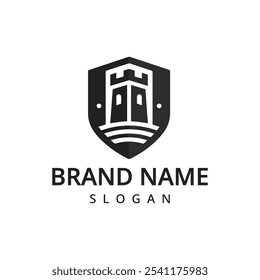 Security guard logo design vector. Strong security protection shield with castle symbol