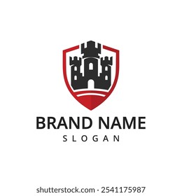 Vector de diseño de logotipo de guardia de seguridad. Fuerte escudo de protección de seguridad con símbolo de castillo