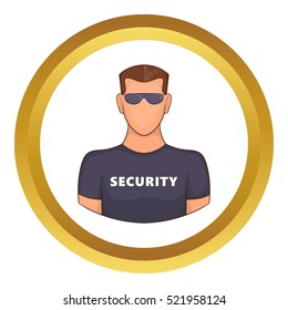 Security guard male vector icon in golden circle, cartoon style isolated on white background