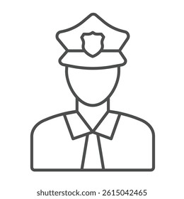 Security guard man thin line icon, city museum concept. Vector graphics. Policeman avatar, people safety sign on white background, outline style icon for mobile or web design