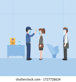 A security guard measures the temperature of People in business casual outfits social distance in New normal life wearing a surgical protective Medical mask and face shield for prevent coronavirus.