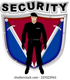 Security Guard on the background of the shield with crossed swords Concept for  branding, logo, label, background. Vector illustration.