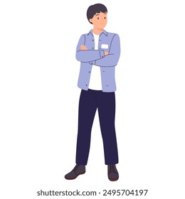 Security guard on duty, standing with arms crossed. Professional bodyguard for safety, protection surveillance. Man in confident posture. Flat vector illustration isolated on white background