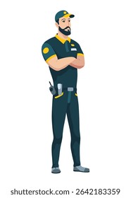Security guard on duty, standing with arms crossed. Professional bodyguard for safety, protection surveillance. Man in confident posture