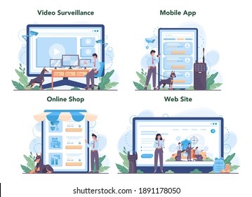 Security guard online service or platform set. Surveillance and ptrotection idea. Bodyguard guiding a client for safety. Video, surveillance, mobile app, online shop, website. Vector flat illustration