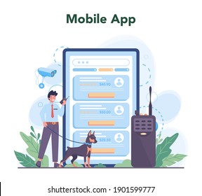 Security guard online service or platform. Surveillance and ptrotection idea. Bodyguard guiding a client for safety. Mobile app. Vector flat illustration