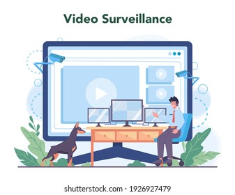 Security guard online service or platform. Surveillance and ptrotection idea. Bodyguard guiding a client for safety. Video, surveillance. Vector flat illustration