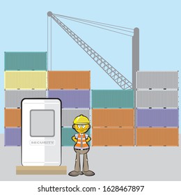 Security guard with orange reflective vest and yellow protective helmet, guarding the containers unloaded by the cranes of the ships in the port. Vector illustration in cartoon style, available in EPS