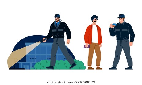 Guarda de segurança patrulhando uma propriedade comercial escura com lanterna e rádio enquanto os colegas estão nas proximidades, ilustrando serviços de segurança, vigilância e proteção noturnos