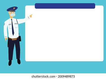 A security guard or police officer pointing on a blank area for text or information dissemination material 