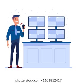 Security Guard With Portable Radio In Front Of The Screens In Security Control Room. Surveillance, Public Safety And Protection Concept. Vector Flat Design Illustration On White Background.