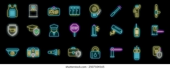 Security guard protecting providing safety service neon icon set on black background