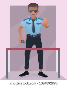 A security guard protects the entrance. Vector illustration. Cartoon character