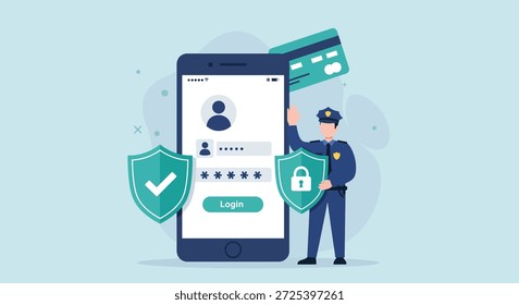 Um protetor de segurança protege um smartphone com uma tela de login, simbolizando segurança on-line, privacidade de dados e transações financeiras seguras.