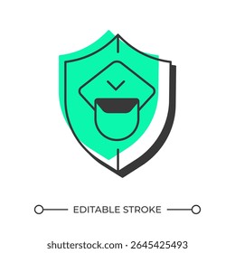 Security guard service offset shadow line icon. Police offices badge. Professional protection agency. Bold outline symbol with solid green fill. Modern flat illustration. Editable stroke