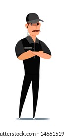 Security guard, staff flat vector illustration. Male worker in uniform with earphone cartoon character. Adult man standing with crossed arms. Authority, professional safety service, law protection