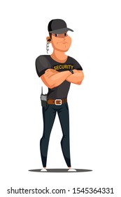 Security guard, staff flat vector illustration. Male worker in uniform with earphone cartoon character. Adult man standing with crossed arms. Authority, professional safety service, law protection