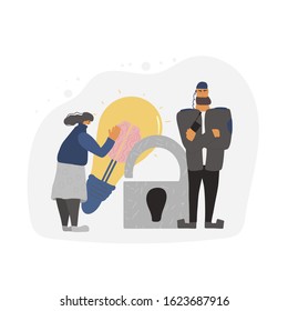 Security guard standing with arms crossed. Man wearing in a guards uniform save an intellectual property of female creator. Vector illustration. 
