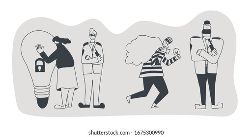 Guardia de seguridad cruzando las armas. Hombre y mujer vestidos con uniforme de guardia que protege la idea de los derechos de autor de los ladrones. Ilustración vectorial. 