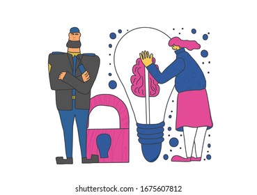 Security guard standing with arms crossed. Man wearing in a guards uniform save an intellectual property of female creator. Vector illustration. 