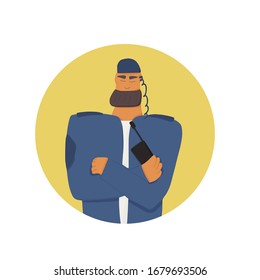 Security guard standing with arms crossed. Bearded man wearing in a guards uniform portrait. Vector illustration. 