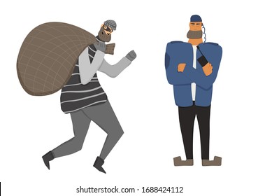 Guardia de seguridad cruzando las armas. Un hombre vestido con un uniforme de guardia atrapó al ladrón aislado de fondo blanco. Ilustración vectorial. 