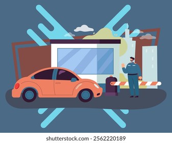 Security guard standing in front of barrier gate in parking lot. Toll booth, man checking cars flat vector illustration. Security, transport concept for banner, website design or landing page