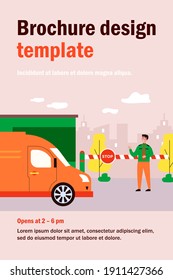 Security guard standing in front of toll booth flat vector illustration. Cartoon man protecting gate and checking van. Inspection station and parking admission concept