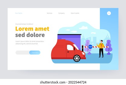 Security guard standing in front of toll booth flat vector illustration. Cartoon man protecting gate and checking van. Inspection station and parking admission concept