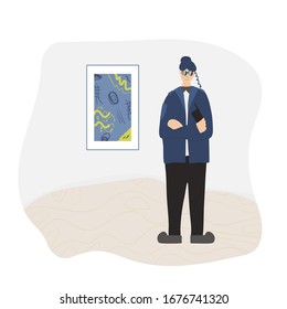 Security guard standing at the gallery and protecting a abstract picture. Woman wearing in a guards uniform and sun glasses  saving a contemporary art painting. Vector illustration. 