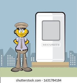 Security guard standing with his hands behind his back next to his guardhouse. Vector illustration in cartoon style, available in EPS 10.