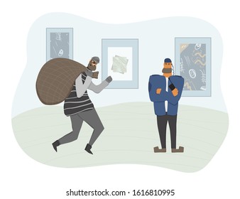 Security guard standing at the museum and protecting a pictures. Man wearing in a guards uniform saving a contemporary art painting and catch a thief. Vector flat illustration. 